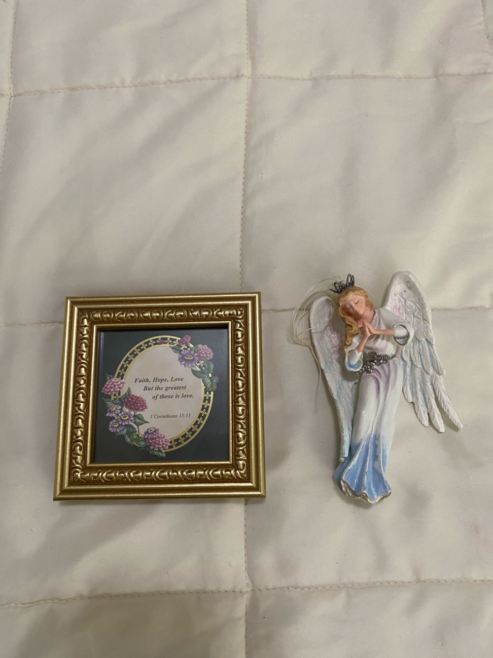 Decorative Gold Frame Plaque and White Angel Ornament - Home Accents